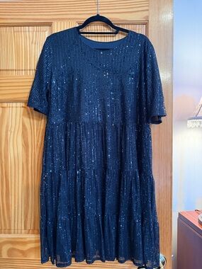 Black Sequin Tiered Short Sleeve Dress